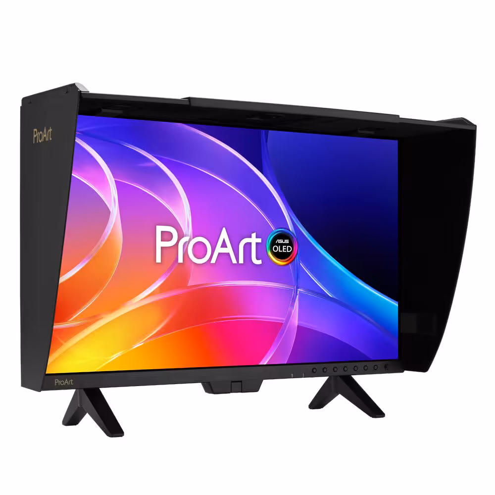 Moniteur ASUS ProArt OLED avec pieds déployés, vue avant trois-quarts et pare-soleil