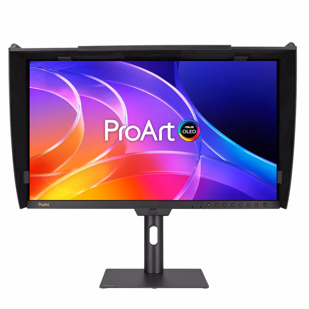 Moniteur ASUS ProArt OLED de face sur pied, écran coloré et pare-soleil