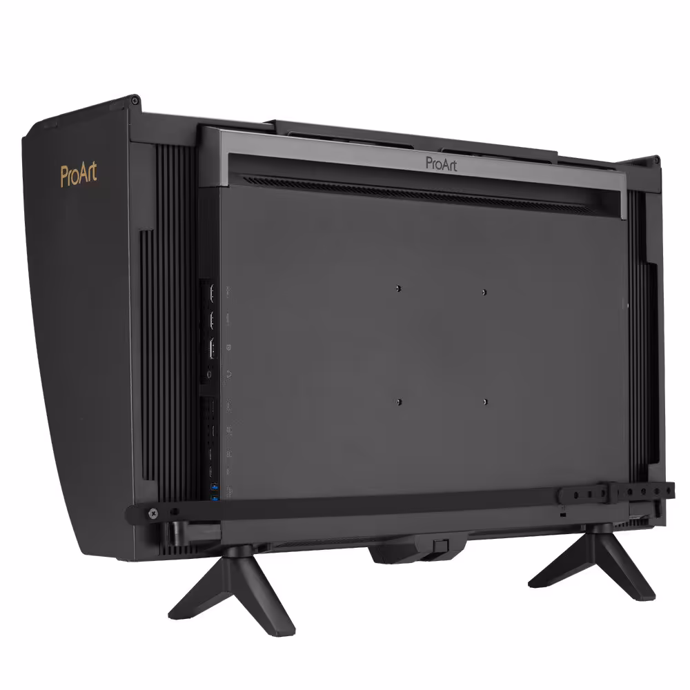 Dos du moniteur ASUS ProArt OLED, avec support et pare-soleil visibles