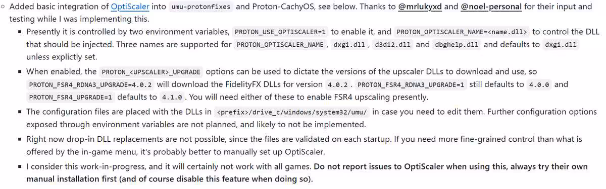 OptiScaler sur Proton-CachyOS : l’activation arrive via variables de lancement 2 Capture texte intégration OptiScaler dans Proton-CachyOS explication technique