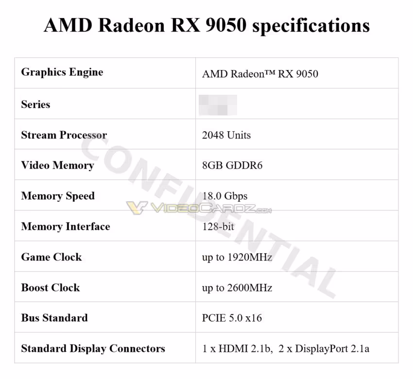 Tableau de spécifications AMD Radeon RX 9050 mentionnant 8 Go GDDR6 et 128-bit