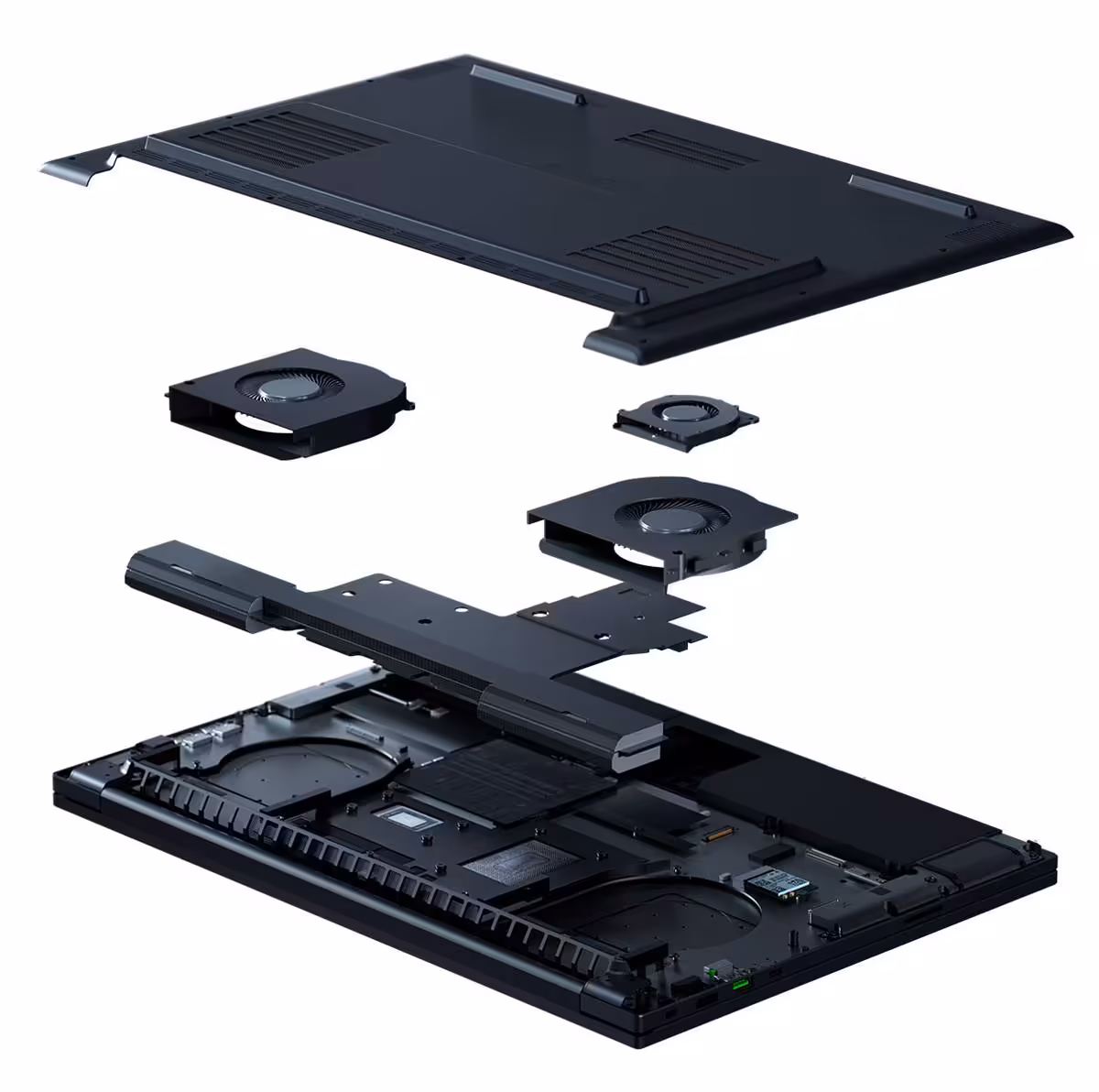 Razer Blade 18 2026 : un 18 pouces taillé pour le jeu AAA et l’IA locale 4 Razer Blade 18 démonté, vue éclatée montrant base, capot et modules de refroidissement