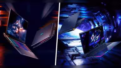 Deux laptops gaming Acer avec éclairage RGB vifs, fond futuriste sombre.