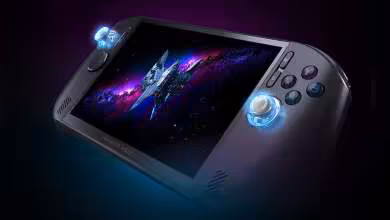 Vue latérale console portable éclairage lumineux bleu violet fond sombre (CHOISI)