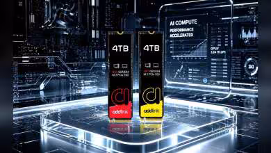 Deux SSD Addlink 4TB éclairage futuriste fond technologique très contrasté.