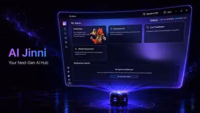 Interface MSI AI Jinni affichant tableaux de bord d’agents IA, sur fond noir et violet néon