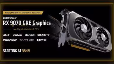 Carte graphique AMD Radeon RX 9070 GRE éclairage studio fond sombre avec texte promotions.