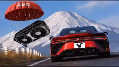 Carte graphique Radeon RX parachutée couleur noire, montagnes en fond contrasté