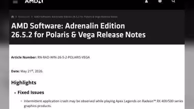 Capture des notes de version AMD Software Adrenalin Edition pour Polaris et Vega, date mai 2026.
