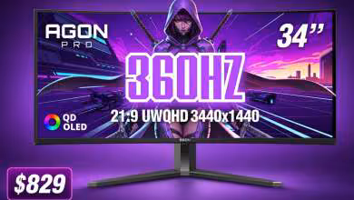 Moniteur AOC Agon Pro AGP346UCSD 34 pouces, arrière-plan violet lumineux, texte 360Hz, prix $829.