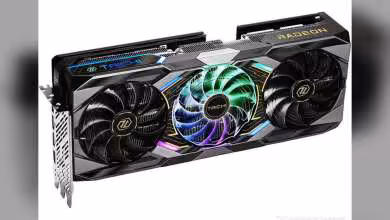 Carte graphique ASRock Taichi noire avec ventilateurs RGB sur fond blanc.