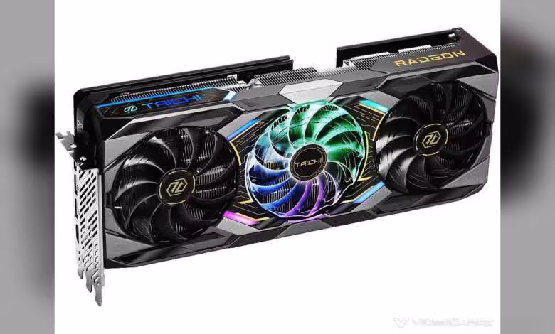 RX 9070 XT Taichi 10th Anniversary : ASRock tease une édition limitée pour Computex 1 Carte graphique ASRock Taichi noire avec ventilateurs RGB sur fond blanc.
