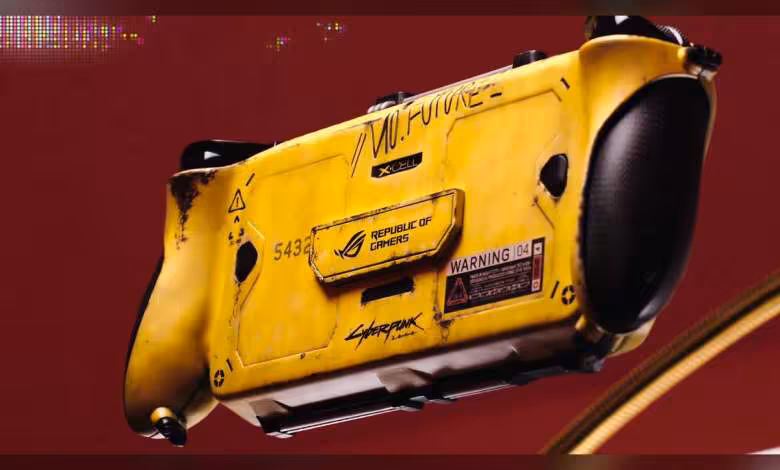 Vue arrière de la console jaune ROG, détails Republic of Gamers, fond rouge vif