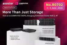 Invitation Asustor Computex 2026 avec produits Flashstor Gen3 et Lockerstor affichés sur socles blancs.