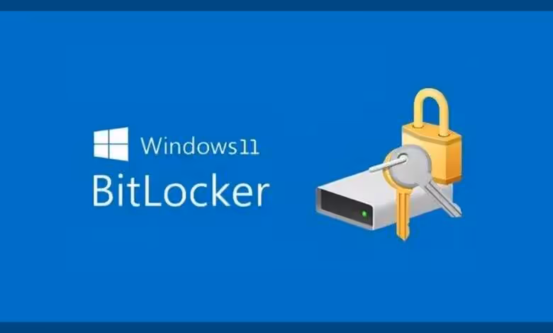 BitLocker : une attaque contourne la protection TPM seule de Windows 11 en moins de 5 minutes 1 Illustration Windows 11 BitLocker avec icône de disque verrouillé par cadenas et clé dorée sur fond bleu