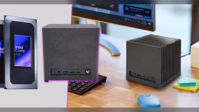 Mini PC Kubb Fanless ultra contrasté avec cœur Intel Core, cadre professionnel, fond de bureau moderne