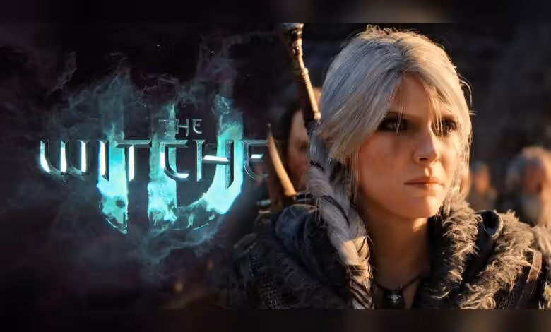 CDPR durcit ses validations internes pour The Witcher 4 et Cyberpunk 2 en développement 1 Personnage de jeu vidéo avec coiffure blanche à côté du logo The Witcher 4 lumineux.