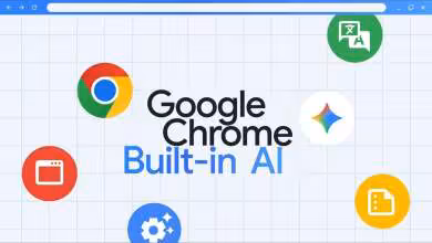 Interface Google Chrome avec logos d'applications et texte "Google Chrome Built-in AI" sur fond quadrillé.