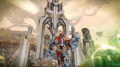 Darksiders Warmastered Edition : War en armure rouge devant un temple antique, ambiance fantasy lumineuse
