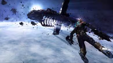 Isaac Clarke en combinaison spatiale affrontant un monstre nécromorphe géant dans l’espace, scène de Dead Space