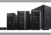 Gamme de serveurs Dell noirs, plusieurs formats compacts et tours, façade ventilée avec logo Dell visible