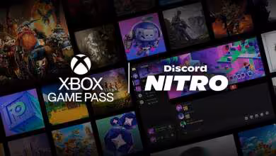 Logo Xbox Game Pass et Discord Nitro sur fond de jeux vidéo variés.