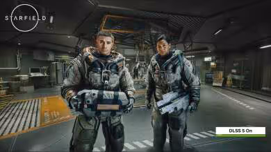 Capture Starfield avec deux personnages en combinaison, mention DLSS 5 On