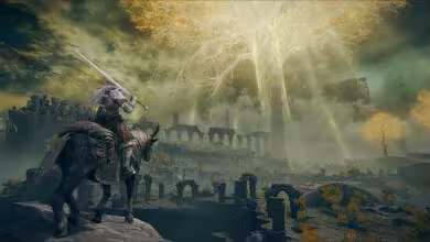 Elned Ring style fantasy artwork, chevalier à cheval devant une citadelle sous un arbre lumineux