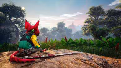 Personnage de jeu vidéo assis face à une jungle, vue paysage colorée