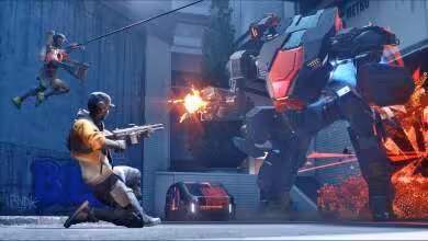 Combat de shooter futuriste avec mécha géant, deux soldats armés et explosions en environnement urbain
