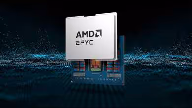 Processeur AMD EPYC argenté sur puce électronique, illustration de serveur avec fond numérique bleu noir