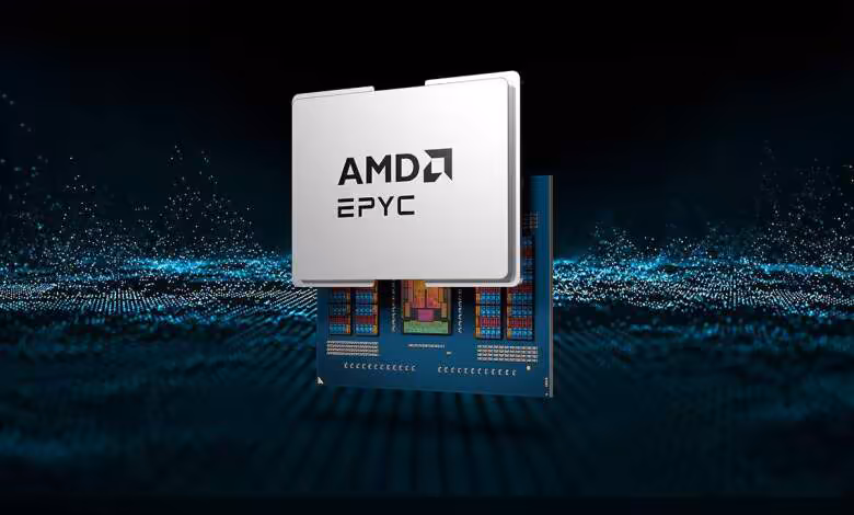EPYC Venice : AMD lance la production en 2 nm chez TSMC pour sa prochaine génération 1 Processeur AMD EPYC argenté sur puce électronique, illustration de serveur avec fond numérique bleu noir