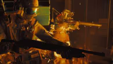 Deux personnages en tenue tactique avec fusils dans un environnement en feu.