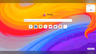 Interface d’accueil Firefox avec fond dégradé orange et violet, barre de recherche centrale et raccourcis d’applications.