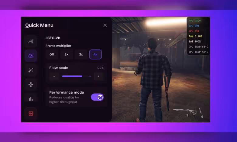GameNative 0.9.1 ajoute le frame generation LSFG-VK aux jeux Steam sur Android 1 Capture d'écran montrant le menu de génération de trames LSFG-VK dans un jeu vidéo.