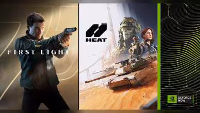 Visuel promotionnel GeForce NOW et 007 First Light avec James Bond, logo IOI, char et branding NVIDIA vert