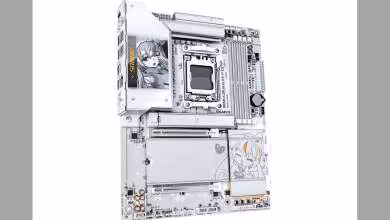 Carte mère GIGABYTE anglée, illustration contrastée, fond blanc, détails net.