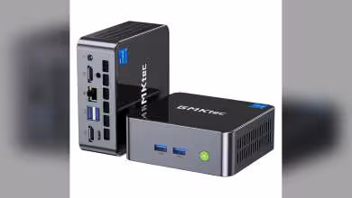 Mini PC GMKtec NucBox M3 Pro noir et argent, vues de face et de côté avec ports USB, Ethernet et audio visibles