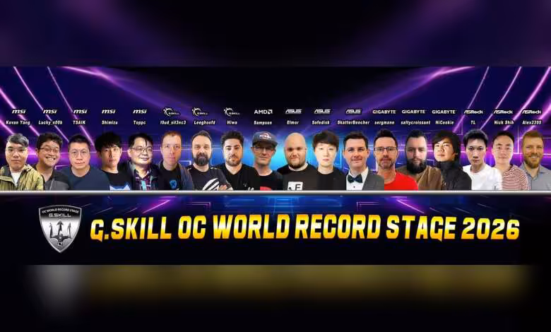 G.SKILL Computex 2026 : DDR5, serveurs, IA et OC World Cup au programme 1 Photo de groupe G.SKILL OC World Record Stage 2026 avec partenaires MSI, ASUS, GIGABYTE et Intel