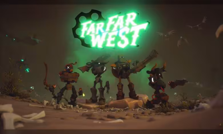 IA générative : Fireshine Games ferme la porte dans le sillage du succès de Far Far West 1 Écran de jeu affichant le logo vert Far Far West et plusieurs personnages robotisés dans un décor désertique