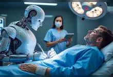 Robot médical humanoïde simulant une intervention chirurgicale sur un patient, infirmière en arrière-plan.