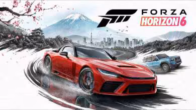 Forza Horizon 6 avec voiture de sport rouge sur route enneigée, logo Forza Horizon visible