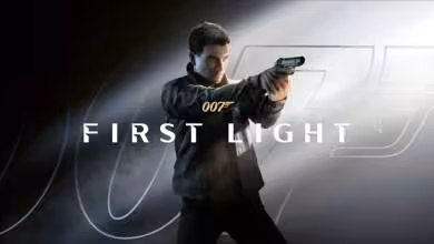 Affiche du jeu 007 First Light avec James Bond armé sur fond gris stylisé