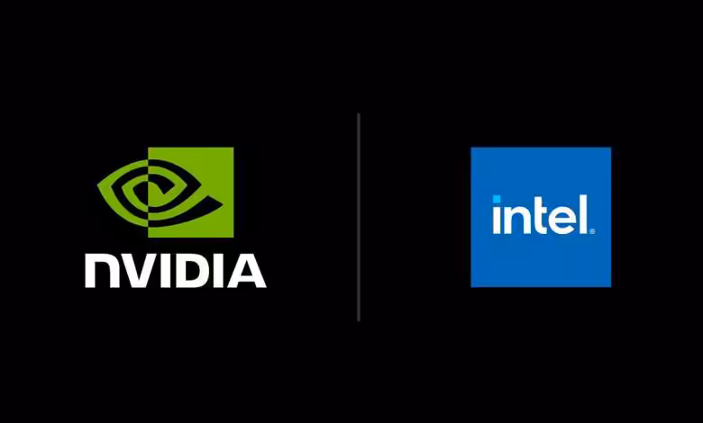 Intel NVIDIA : Lip-Bu Tan confirme des produits communs toujours en développement 1 Logos NVIDIA et Intel sur fond noir, visuel de partenariat technologique
