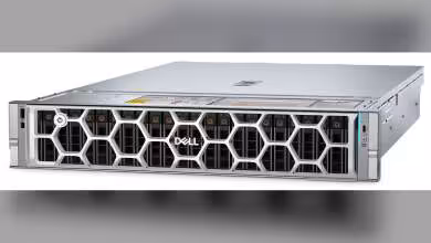 Serveur rack Dell gris avec façade grille hexagonale et logo Dell, montrant un châssis de stockage