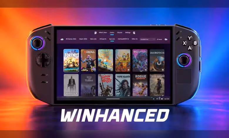 Winhanced sur Legion Go 2 : support officiel et Smart Profiles étendus à 25 jeux 1 Console portable Legion Go affichant l'interface Winhanced avec divers jeux illustrés à l'écran.