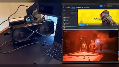 MacBook Air avec eGPU RTX photo produit réel, contraste élevé, lumière vive