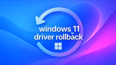 Graphisme Windows 11 driver rollback avec fond dégradé bleu et rose