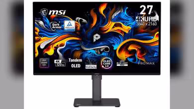 Vue frontale MSI PRO MAX avec affichage lumineux sur fond noir, détails nets.