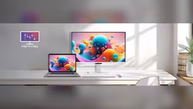 Écran MSI PRO MAX avec laptop et moniteur de bureau affichant une illustration colorée sur fond clair